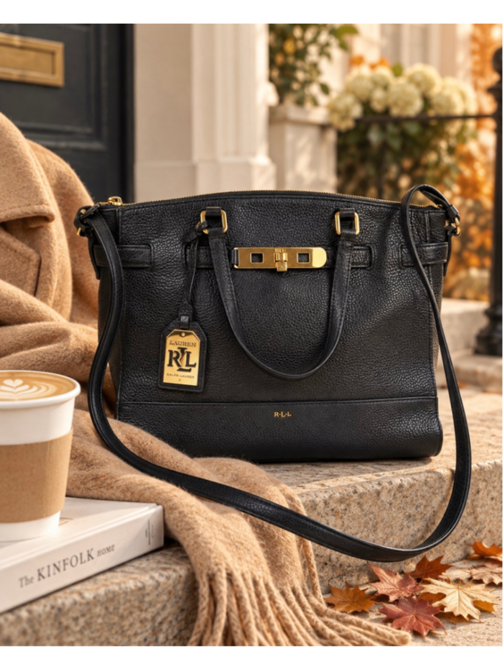 Lauren Ralph Lauren Black Pebbled Leather Satchel Shoulder Bag Gold RLL Hardware